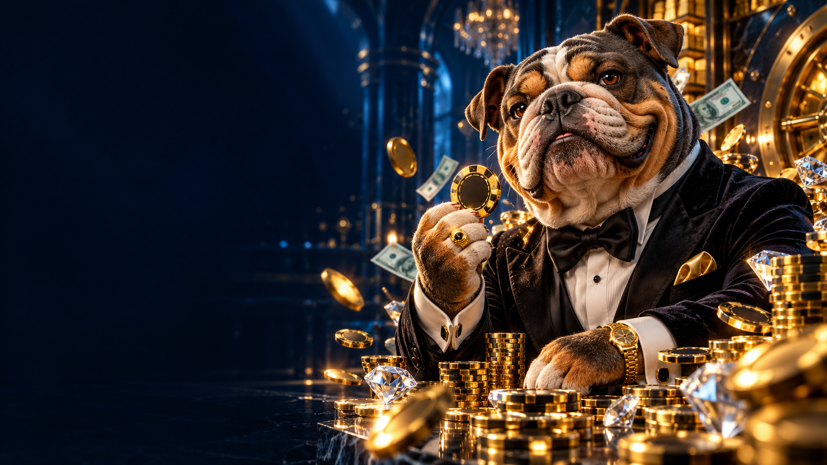 Pawbets bulldog mascot in a velvet tuxedo with decorative gold chips, coins, diamonds and banknotes